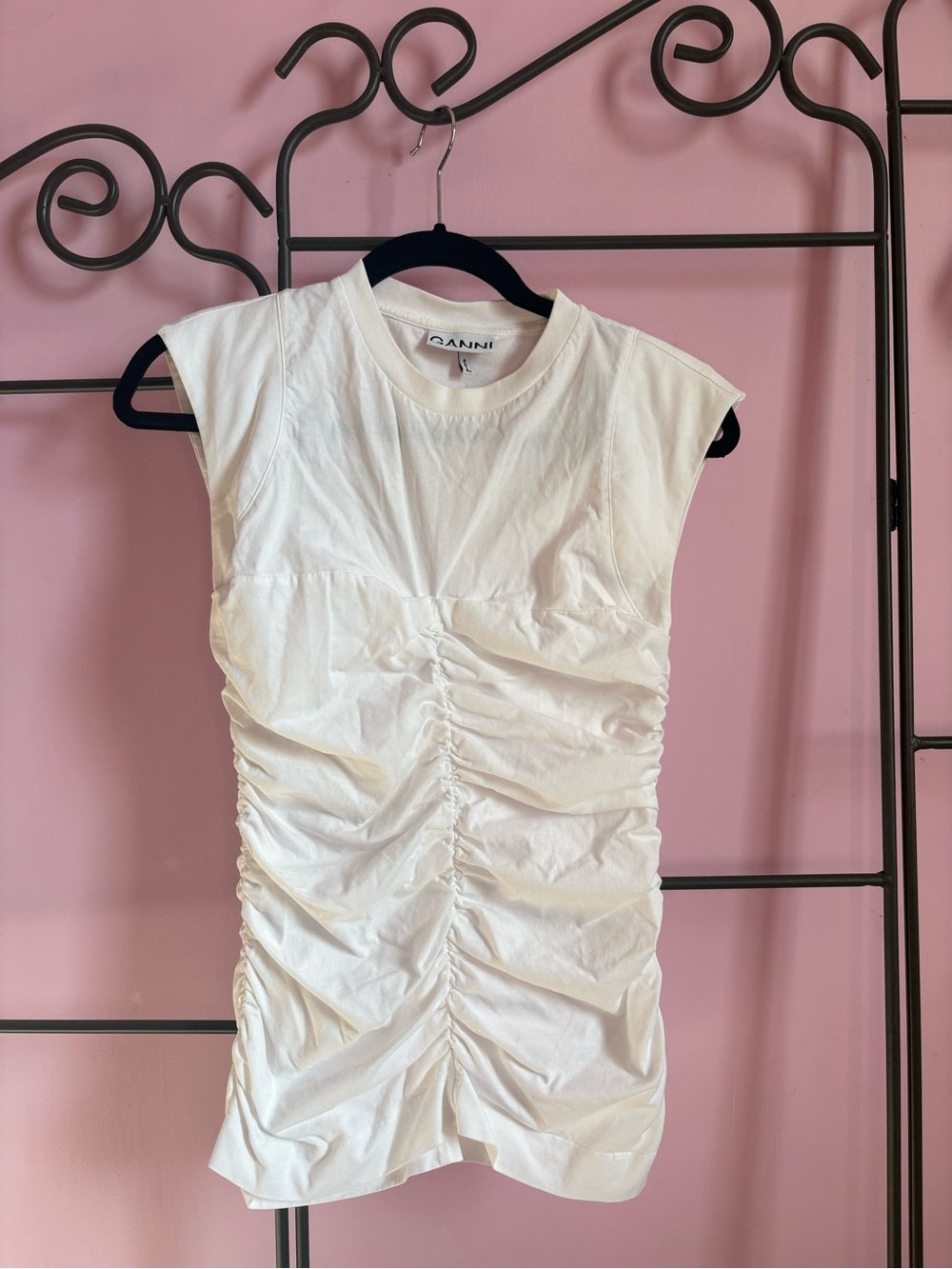 Ganni Cream Center-Ruched Sleeveless Tank